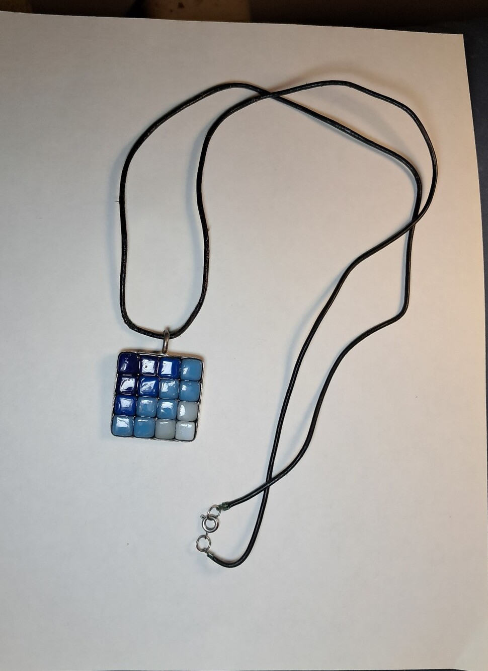 Blue Ombre Glass Mosaic Square Tile Pendant Necklace w/ Black Cord (Silvertone)